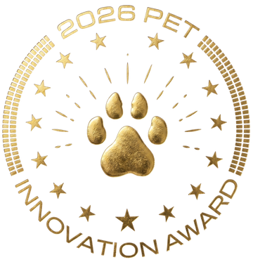 A circular gold award seal reading '2026 PET INNOVATION AWARD' with a raised paw print in the center and small stars around it, shown on a black background.